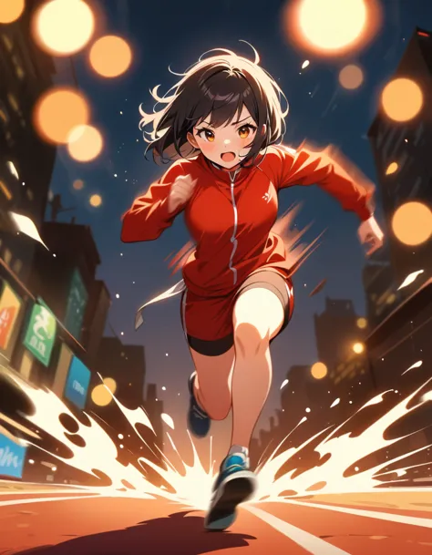 best quality，masterpiece，high resolution，1 girl，whole body，night running，bold composition，motion blur，detailed，bokeh，(motion blu...