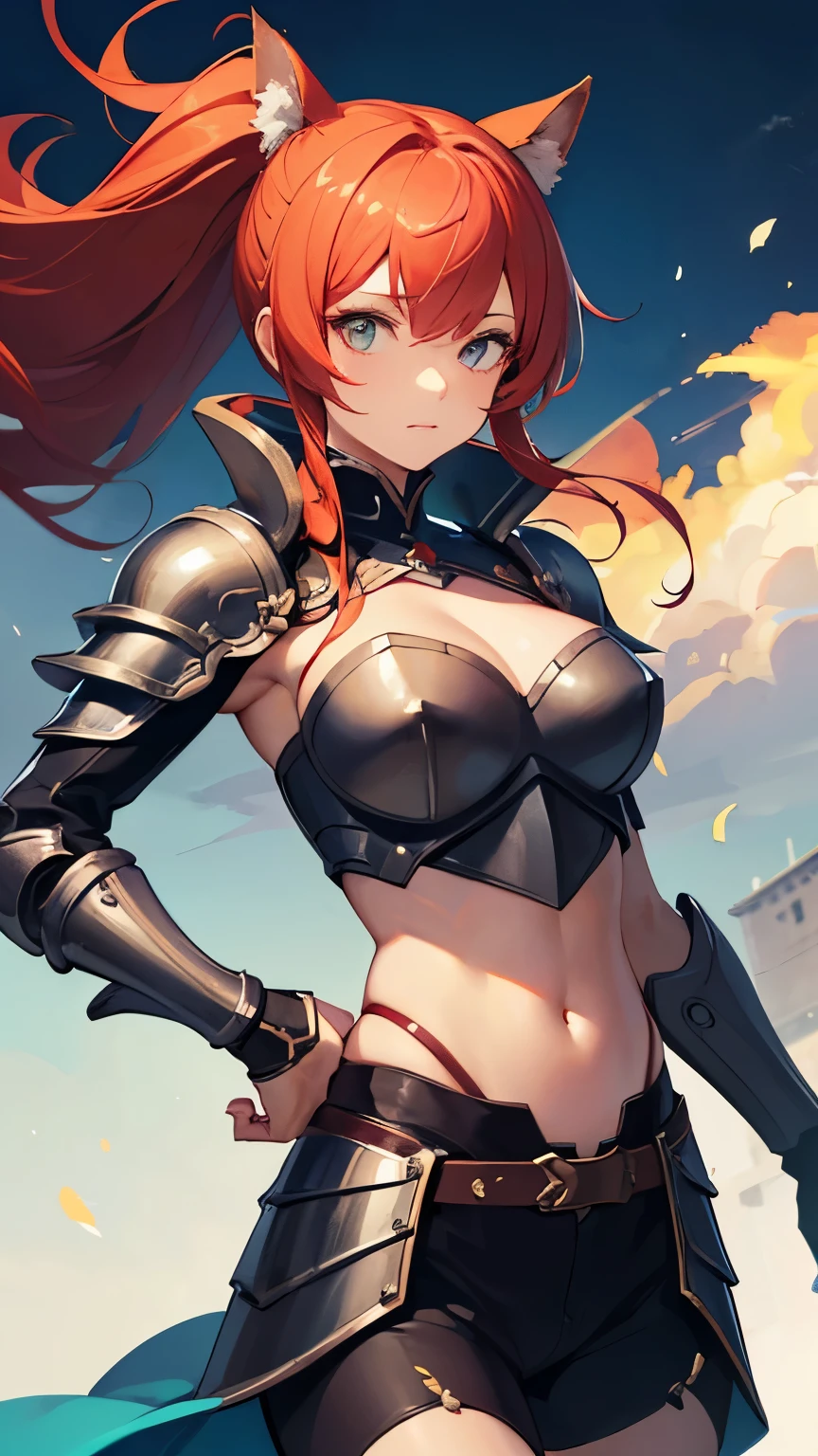((highest quality, 8k, masterpiece: 1.3)), Sharp focus, Beautiful woman with perfect body, slim abdomen, Highly detailed face and skin texture, Fine grain, double eyelid, sexy, Tanned body, Cleavage, ((Wearing metal armor、Grasping the Great Sword))、Raccoon Ears、Red Hair、Woman warrior、Standing on the battlefield、Blood、fatigue、Fantasy novels、shake one&#39;s hair