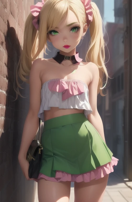 1girl,solo,(shiny clothes),(pink strapless),tight dress, midriff,pencil skirt,highleg,green skirt, twintails, (loli:1.8),eyelashes, (makeup:1.4),(lipstick:1.4), (night:1.3), flat chest, pink eyes, blonde hair, smirk, alley,against wall, partially visible vulva, navel, legs apart, cleft of venus,shoulder bag, high heels, animal collar, facing viewer,