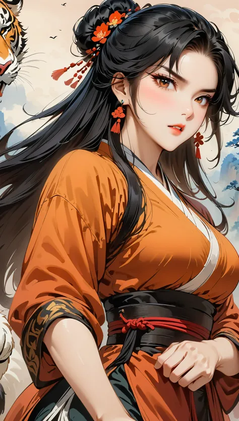 (masterpiece, best quality:1.2),martial arts style，Style Anime，Chinese comic art，（beautiful girl），（tiger and girl meet），（Girl&#3...