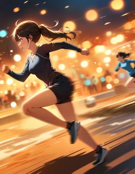 best quality，masterpiece，high resolution，1 girl，whole body，from side，Night running，bold composition，Motion Blur，detailed，Bokeh，(...