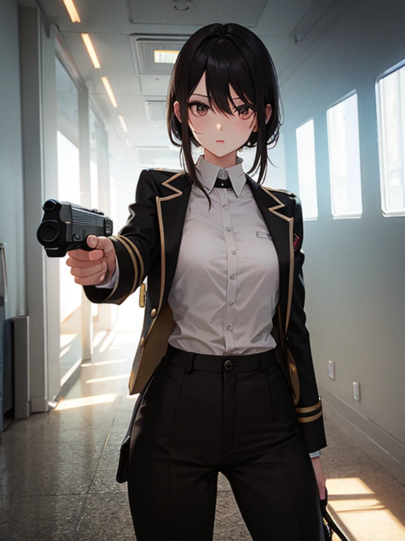 woman　slender　Slender　Small waist　Medium chest　uniform　uniform　Half naked　Completely naked　Light clothing　Handgun　２Ding Pistol　Backwards　Landscape　Prone　Huge vibrator　Giant