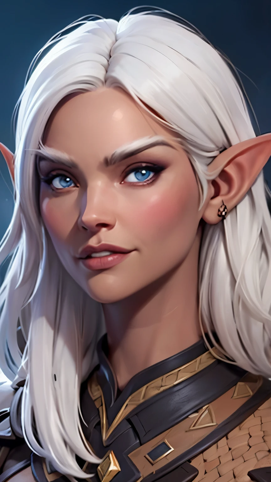 beautiful portait of night_elf female in her 20s with fit body , perfect face feature ,(dark tanned skin :1.5) (blunt bob hair), (white hair color), (blue eyes color), thick kissable lips , thin nose ,pointy ears, (shenelf)