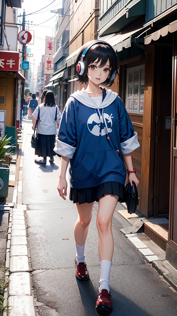 (masterpiece), (highest quality:1.4), (Ultra-high resolution:1.2),  Highly detailed background, (unity 8k wallpaper), Cute high school girl wearing headphones walking through the streets of Tokyo。Illustrations inspired by city pop culture、、Wear loose socks for a stylish and nostalgic look、Display one subject without splitting the screen