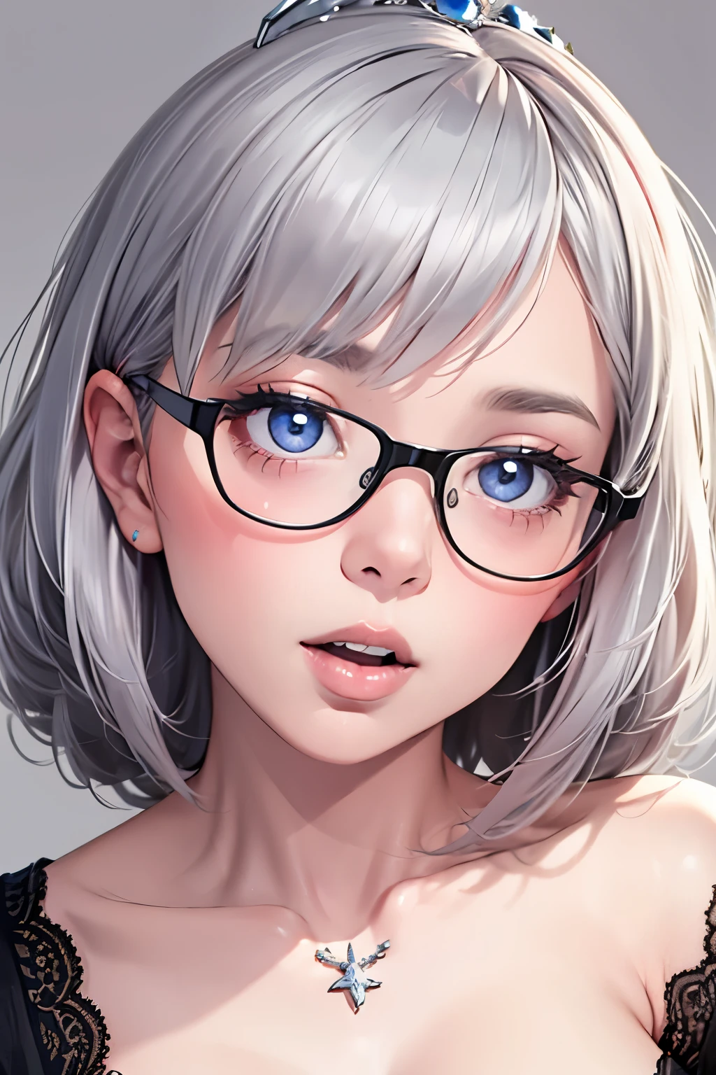 ((best quality)), ((masterpiece)), (detailed), perfect seductive face a beautiful white-toned girl with black and silver hair wearing glasses and wearing black clothes, blue eyes, glossy skin. detailed skin, pink lips with a tiara on her head,biting lips, pressing  her  showing her big  and vagina