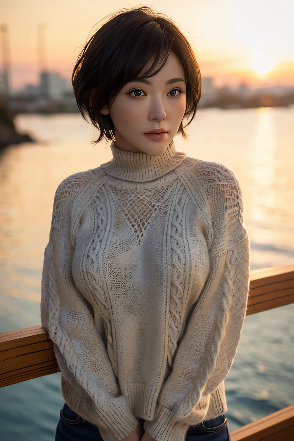 full body,orange cable knit sweater,1girl,solo, (8k, RAW photo, best quality, masterpiece:1.3),(realistic, photo-realistic:1.37),realistic skin texture,(photorealistic:1.3),(hyperrealistic:1.2), short hair, "huge breasts":2.0