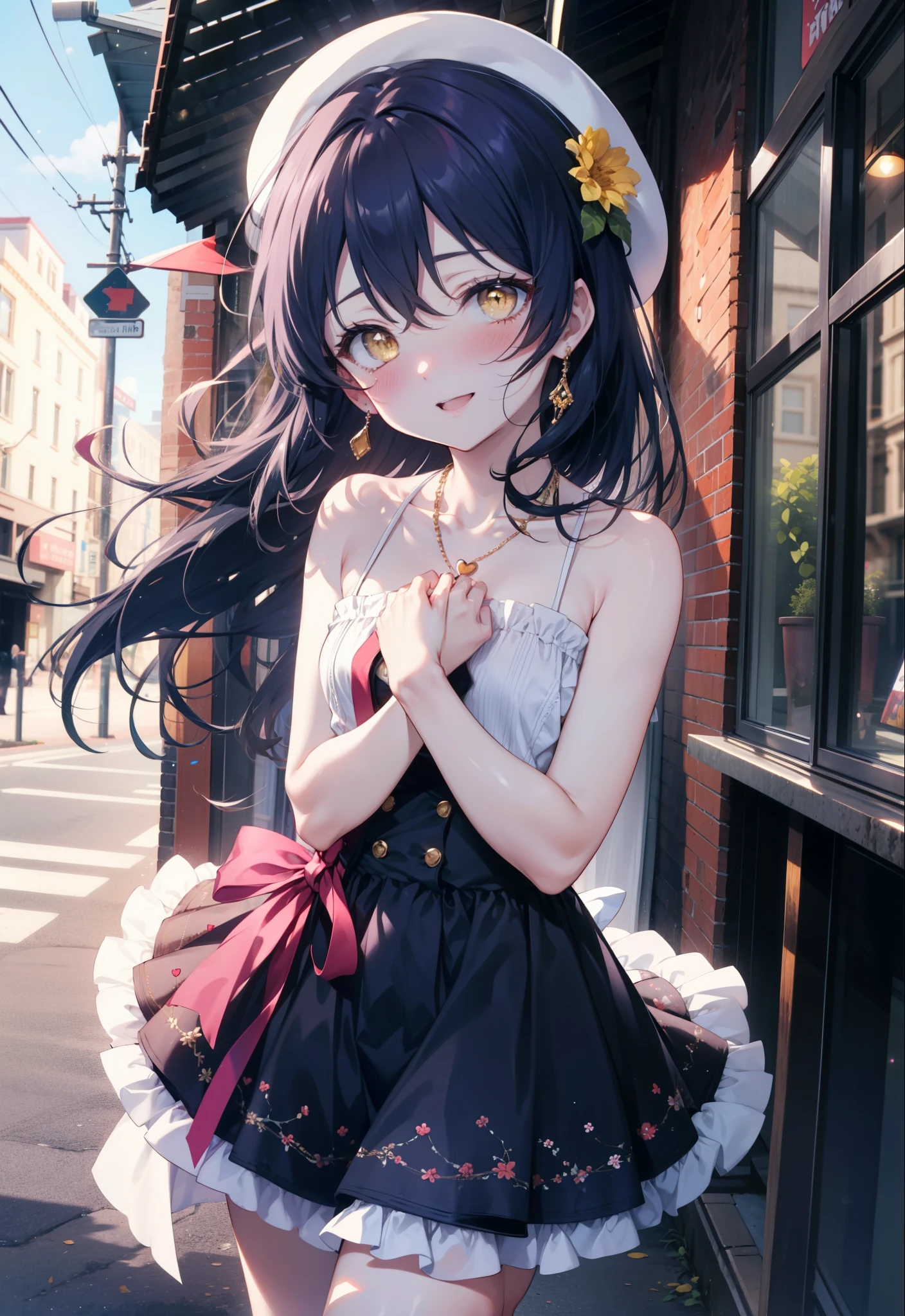 you are so kind, umi sonoda, Long Hair, Blue Hair, (Yellow Eyes:1.5) (Flat Chest:1.2),smile,blush,Open your mouth,Headlock,Blue Hat,Blue long skirt one-piece dress,Cute Sandals,Bare shoulders,Bare arms,bare clavicle,Bare neck,Heart Necklace,Clear skies,Daytime,Light of the sun,City Street,whole bodyがイラストに入るように,
break looking at viewer,whole body, (Cowboy Shot:1. 5)
break outdoors, In town,Building district, 
break (masterpiece:1.2), highest quality, High resolution, unity 8k wallpaper, (figure:0.8), (Beautiful fine details:1.6), Highly detailed face, Perfect lighting, Highly detailed CG, (Perfect hands, Perfect Anatomy),