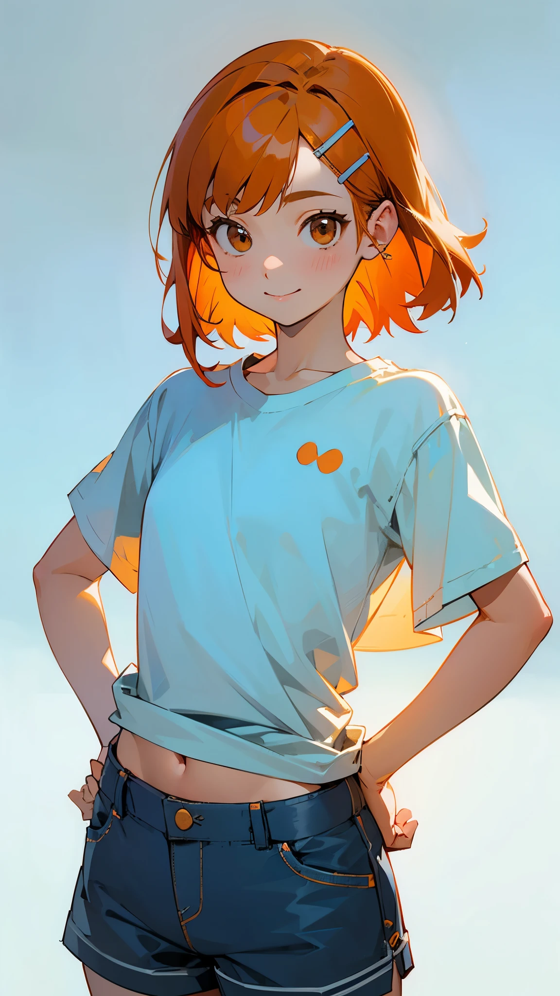 1 Girl、Cowboy Shot、Simple T-shirt、light blue medium hair、Beautiful brown eyes、Orange hair clip、Flat Chest、smile、Put your hands on your hips、Shorts