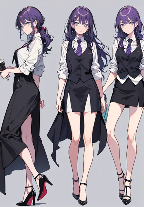((Perfect Face)),Purple Hair,voluminous long hair,Adult female,bartender,suit,Black vest,Shirt with rolled up sleeves,tie,slit,H...