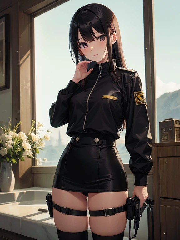 woman　slender　Slender　Small waist　Medium chest　uniform　uniform　Completely naked　Half naked　Light clothing　Handgun　２Ding Pistol　Backwards　Landscape　Prone　Huge vibrator　Giant