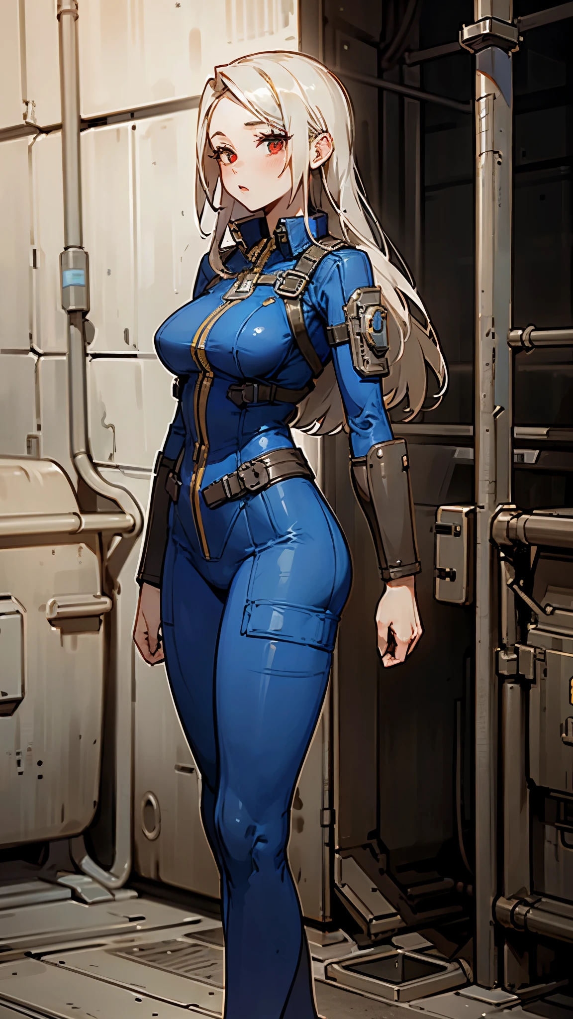 고품질, 4K, 가장 상세한, 여자 1명, 낙진, blue 낙진 vault jumpsuit, 섹시한 몸매, 흰색 긴 머리, 빨간 눈, 낙진 bethesda, 서 있는