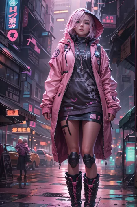 1 girl，pink jacket，dark clouds，rain，Laughter，hoodie，miniskirt，Martin shoes，Open jacket，Backpack without hair，8k resolution，Very ...