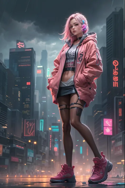 1 girl，pink jacket，dark clouds，rain，Laughter，hoodie，miniskirt，Martin shoes，Open jacket，Backpack without hair，8k resolution，Very ...