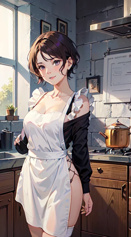 ((((masterpiece, highest quality, High resolution)))), One girl, Gray Hair, Purple eyes, Bobcut, Wavy Hair, Average chest, blush, A light smile, Lips parted, Shine, Thighs, Exposing shoulders, clavicle, Tight waist, Cleavage, (masterpiece), (Beautifully detailed face, Beautiful fine details), (Naked Apron, kitchen, Put your arms behind your back,)