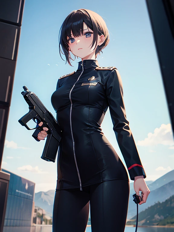 woman　slender　Slender　Small waist　Medium chest　uniform　uniform　Completely naked　Half naked　Light clothing　Handgun　Huge vibrator　Giant　２Ding Pistol　Backwards　Landscape　Prone　Huge vibrator　Giant