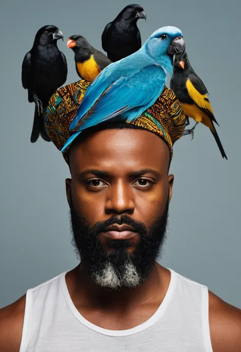 there is a man with a beard and a bird on his head, ((oversaturated)), album art, taken in the early 2020s, hi mark ( akwaaba to...