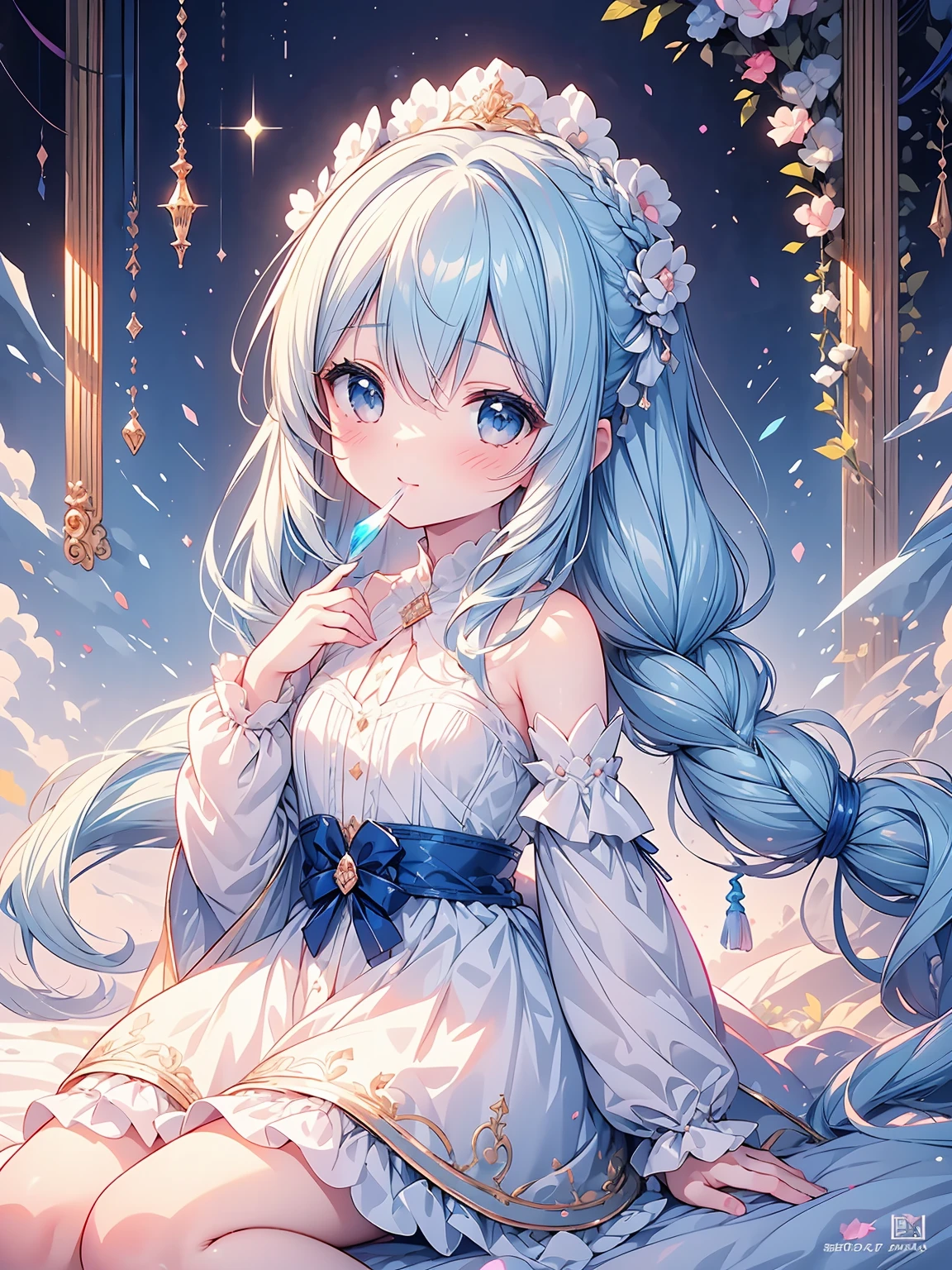 Masterpiece, best quality, extremely detailed, (illustration, official art: 1.1), 1 girl, ((light blue hair))), light blue hair, 10 years old, ((blush)), cute face, big eyes, masterpiece, best quality, ((a very delicate and beautiful girl)))), amazing, beautiful detailed eyes, blunt bangs (((little delicate girl)))), tareme (true beautiful: 1.2),Official art、Top quality ultra-detailed CG art、a beauty girl：１.２）、lightblue hair、Glossy hair、 , ,smile,masterpiece, best quality, 8k resolution, sharp focus, intricate detail, beautiful girl, sparkling eyes, golden ratio face, otherworldly liquid, watercolor, ((pastel colors)), bright colors, whimsical, colorful, sharp focus, high resolution, fine detail, princess fantasy ((round eyes)), iridescent bubbles, castle landscape in background、masterpiece, best quality, extremely detailed, (illustration, official art:1.1), shy,1 girl ,(((( light blue long hair)))), light blue hair, ,10 years old, long hair ((blush)) , small breasts,cute face, big eyes, masterpiece, best quality,(((((a very delicate and beautiful girl))))),Amazing,beautiful detailed eyes,blunt bangs((((little delicate girl)))),tareme(true beautiful:1.2), {{{official art}}}, best quality, absurdres, {{{{{{{{{{wavy hair, applying makeup}}}}}}}}}}, nightgown, {{{lace trim}}}, off shoulder, braided bangs, {{{blush}}}, very long hair, tareme, long eyelashes, {{half-closed eyes}}, {{{{close-up, portrait}}}}, {{{sidelocks}}}, {{{{winter clothes, open cardigan,, low twintails, sleeves past wrists, oversized, {{waist ribbon, waist bow}}, {, child},{{{{{lips, head tilt, sidelighting, sunbeam, overexposure, shiny, glowing, light particles, hand up, solo, lipstick tube, hand to own mouth}}}}}, hair between eyes, leaning to the side, solo focus, indoors, from side, lipgloss, stud earrings, looking at viewer,