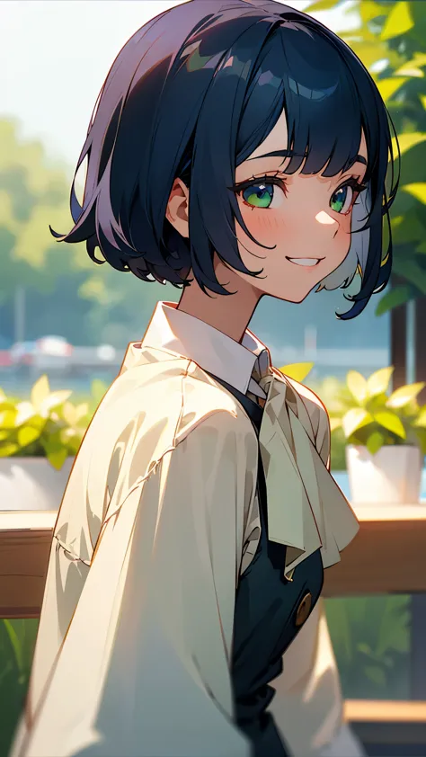 １girl、dark blue hair、bobcut、beautiful green eyes、grin、profile、upper body close-up、morning cafe terrace、background bokeh, depth o...