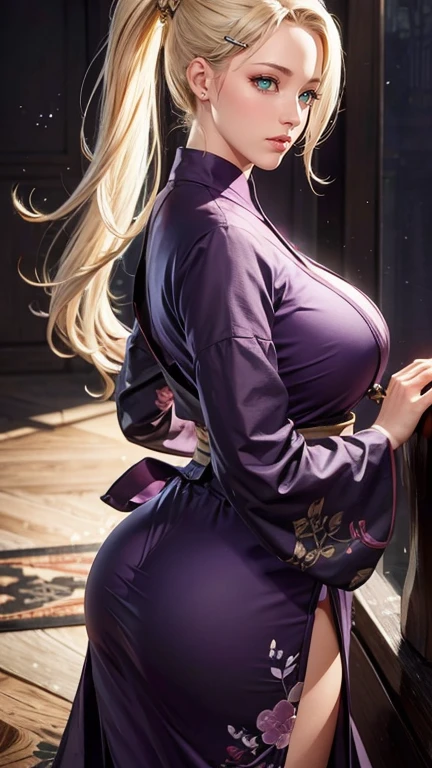 （（（Perfect figure，figure，(Purple Hanfu:1.2), Wide sleeves,Shuer martial arts,（（（Yamanaka_This，1girl, Blonde hair, Hair decoration, green eyes, pony tail, Hair clip, hair over one eye, ））），（（（Wide hips））），S-shaped figure:1.7））），((Masterpiece)),High accuracy, ((Best Quality at best))，Masterpiece，Quality，Best Quality，（（（ Gorgeous facial features，Looking at the audience,There is light in the eyes，very funny，confidence））），（（（Intertwining of light and shadow，huge ））），（（（Looking into the camera，from side，Plump butt，Looking into the camera，quicksand，sand，fist，Right finger ）））