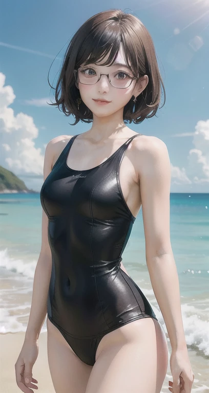 { masterpiece : highest quality : Detailed face : High resolution : Lips Detail : unity 8k wallpaper : 3D realistic illustration } { background = beach } { : Short Hair : : Perfect Slender Body : 完璧に小さな形のchest : Glasses :One-piece swimsuit ::chest〜Swimsuit with cloth around the neck: : } very little girl：low length：