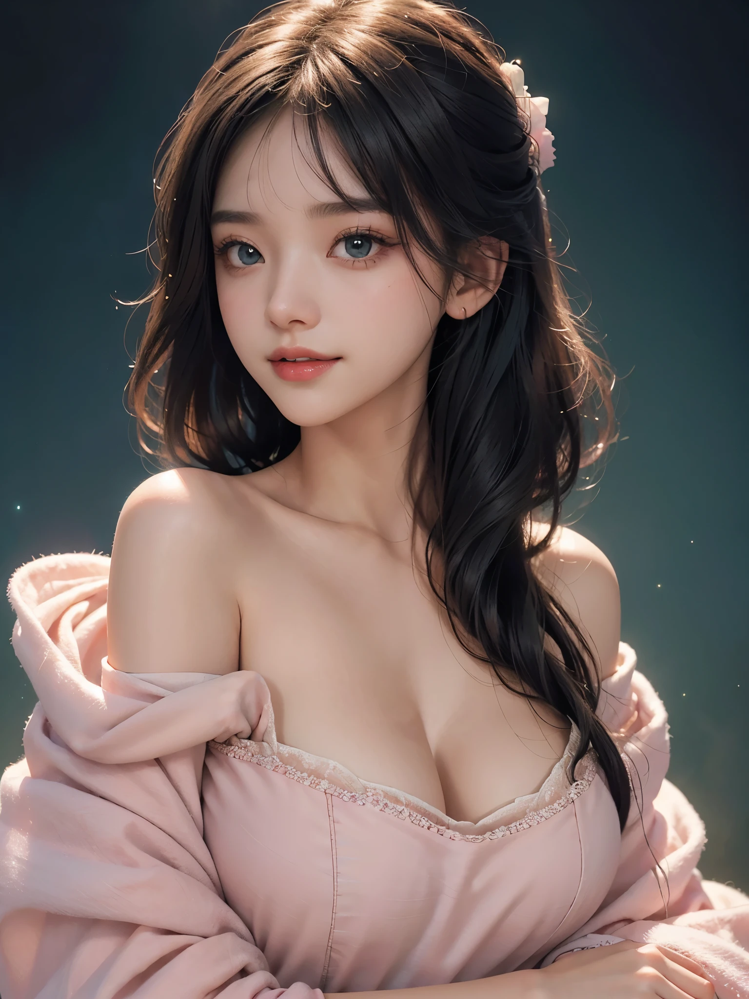 （fluorescent color：1.4），（translucent：1.4），（Retro filter：1.4），（peculiar：1.4），（Photo of a woman，1 girl：1.2），Off-shoulder，Movie Lighting, Smile,Short hair details，Black shawl straight hair，Side bangs，HD details、Super detailed、Movie Lighting、Surrealism、Soft Light、Deep field focus bokeh，is a perfect face，Beautiful face，beautiful eyes，（（perfect female body）, huge breasts, saggy breasts），Candyland Disneyland，Ethereal、Softness、fluffy、softscape，pale pink sky，green and blue gloss，Elegant light powder，Whimsical rainbow brilliance、Star，diamond sparkle，Gemstone background，(Hyper-photorealism)、(Super quality)、Movie Lighting，Rich in details，Full HD，Sufficient lighting，