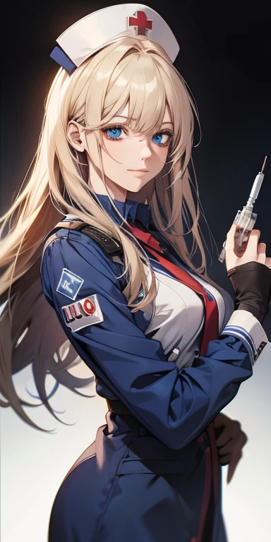 ((Best quality, 8k, Masterpiece: 1.3)), Highly detailed face and skin texture, Detailed eyes, textured skin, highres, nurse, hospital,  smile, blue eyes, blonde, (syringe), (crazy, yandere), cowboy shot (top-quality), (ultra-detailliert), (masuter piece), (hight resolution), (Original),