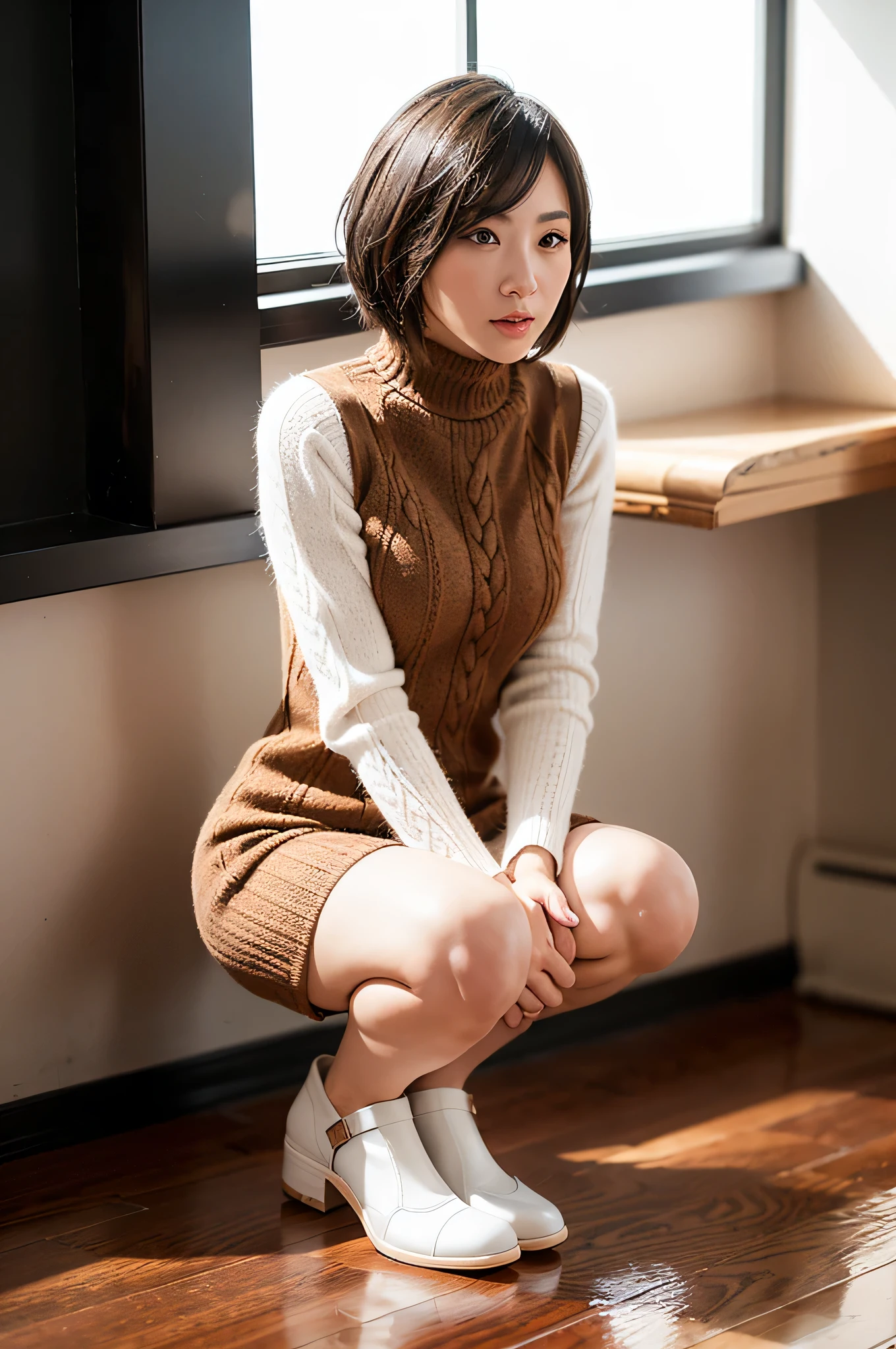 full body, (cable knit mini bodycon dress:1.2) ,1girl,solo,
(8k, RAW photo, best quality, masterpiece:1.3),(realistic, photo-realistic:1.37),realistic skin texture,(photorealistic:1.3),(hyperrealistic:1.2), short hair, squatting, (brick-colored clothes)