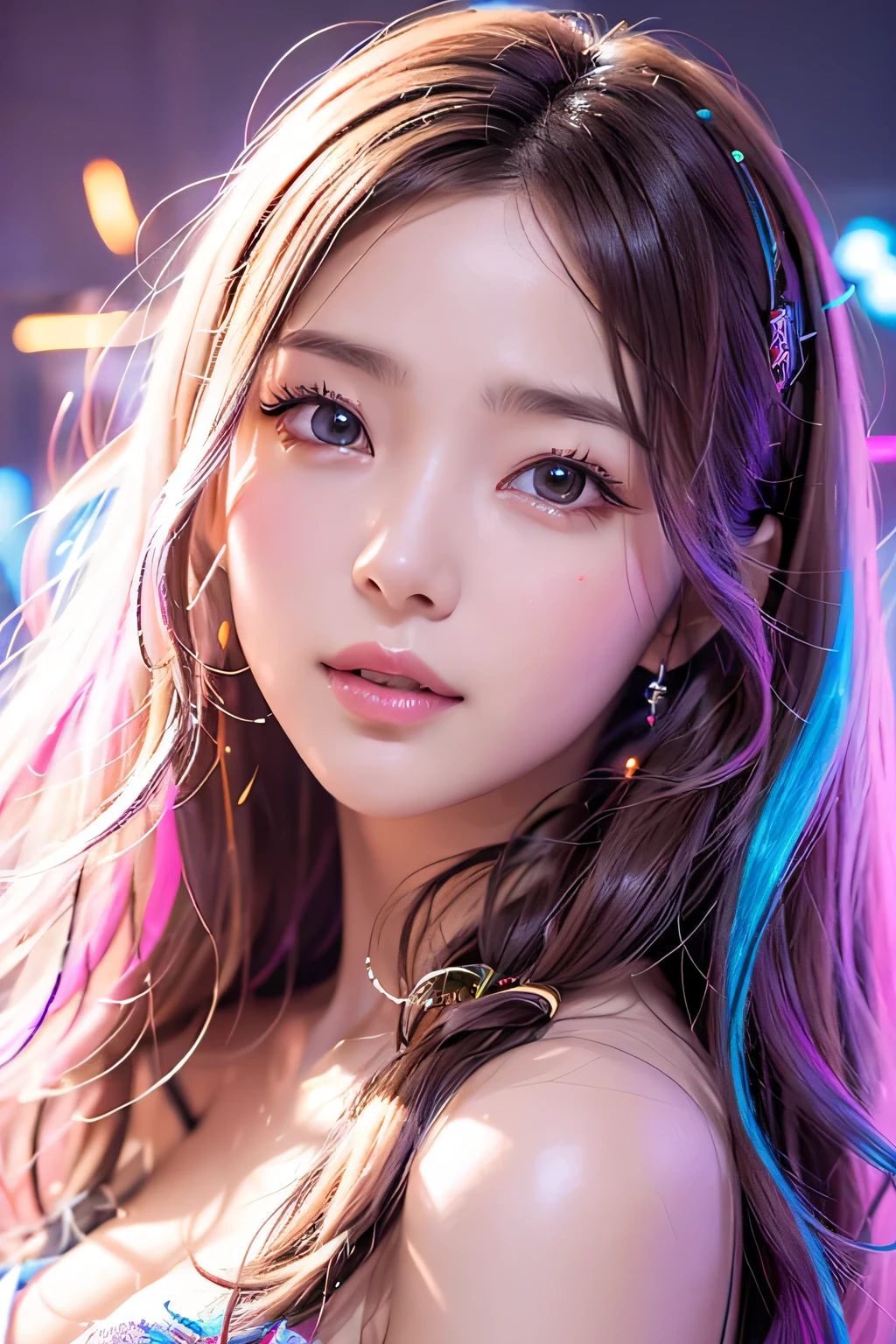 8k、((Flying debris,highest quality))　、1 girl、Bright colorful neon light background、Glow in the dark、Bioluminescent color glow、 Beautiful gorgeous girl in bright colorful neon light、Beautiful and beautiful eyes、 long wavy messy hair、(Sparkle Effect:1.23)、glitter skin、Shadowy Face、Lanky Body、slim、Flat Body、cute、change、 (Headshot closeup:1.3)