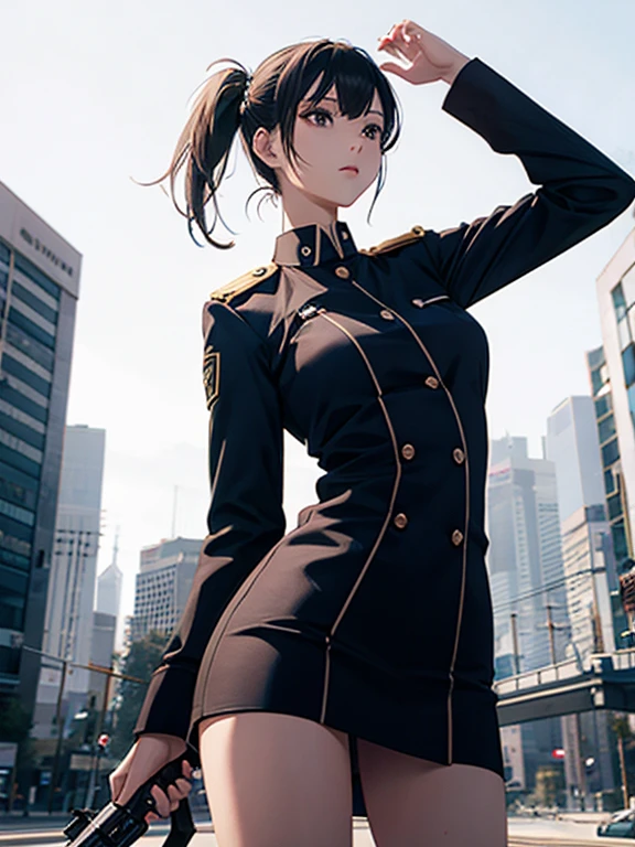 woman　slender　Slender　Small waist　Medium chest　uniform　uniform　Completely naked　Half naked　Light clothing　Huge vibrator　Giant　Handgun　Backwards　Landscape　Prone　