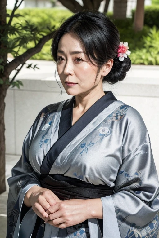 （ultra réaliste、super haute qualité、en 8K、chef-d&#39;œuvre、illustrations délicates、tout le corps）、C&#39;est une femme japonaise plus âgée et sexy、Visiter la tombe、Chignon avec cheveux gris（Avec accessoire pour cheveux）、（Corps super voluptueux et seins super gros 1.3）、（Kimono japonais simple 1.2）、