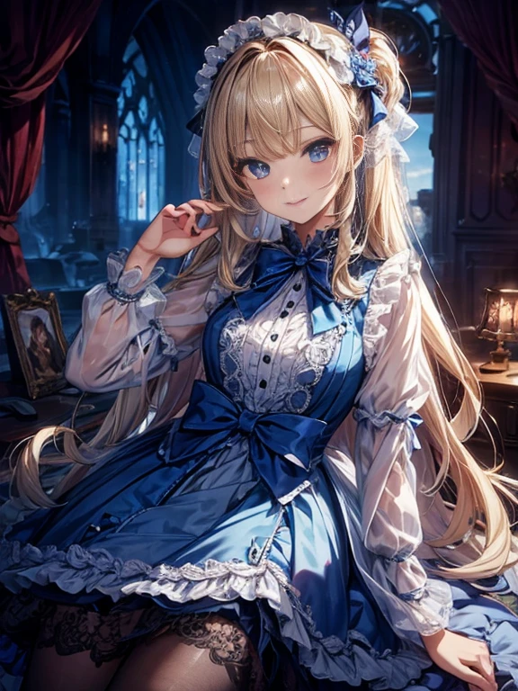 prompt: 8K resolution, delicate features, , single, Unique pupils, A smiling smile, blonde, princess cut, Bow hair ornament, brooch, shiny candy blue dress, lolita style, gothic style, facing the viewer, Otaku Room, Female imps