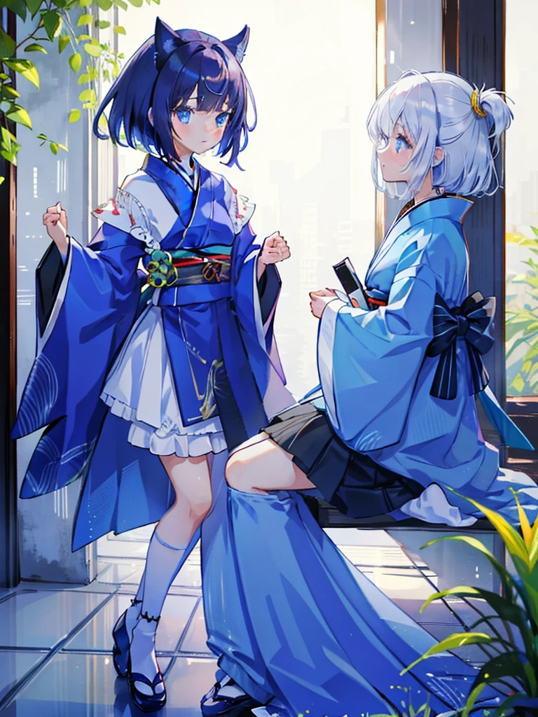 Standing Picture、full bodyesbian、frontage、blue hairs、blue eyess、Kimono Dresses、A Japanese style、white backgrounid、Straight face、bob cuts、deadpan、