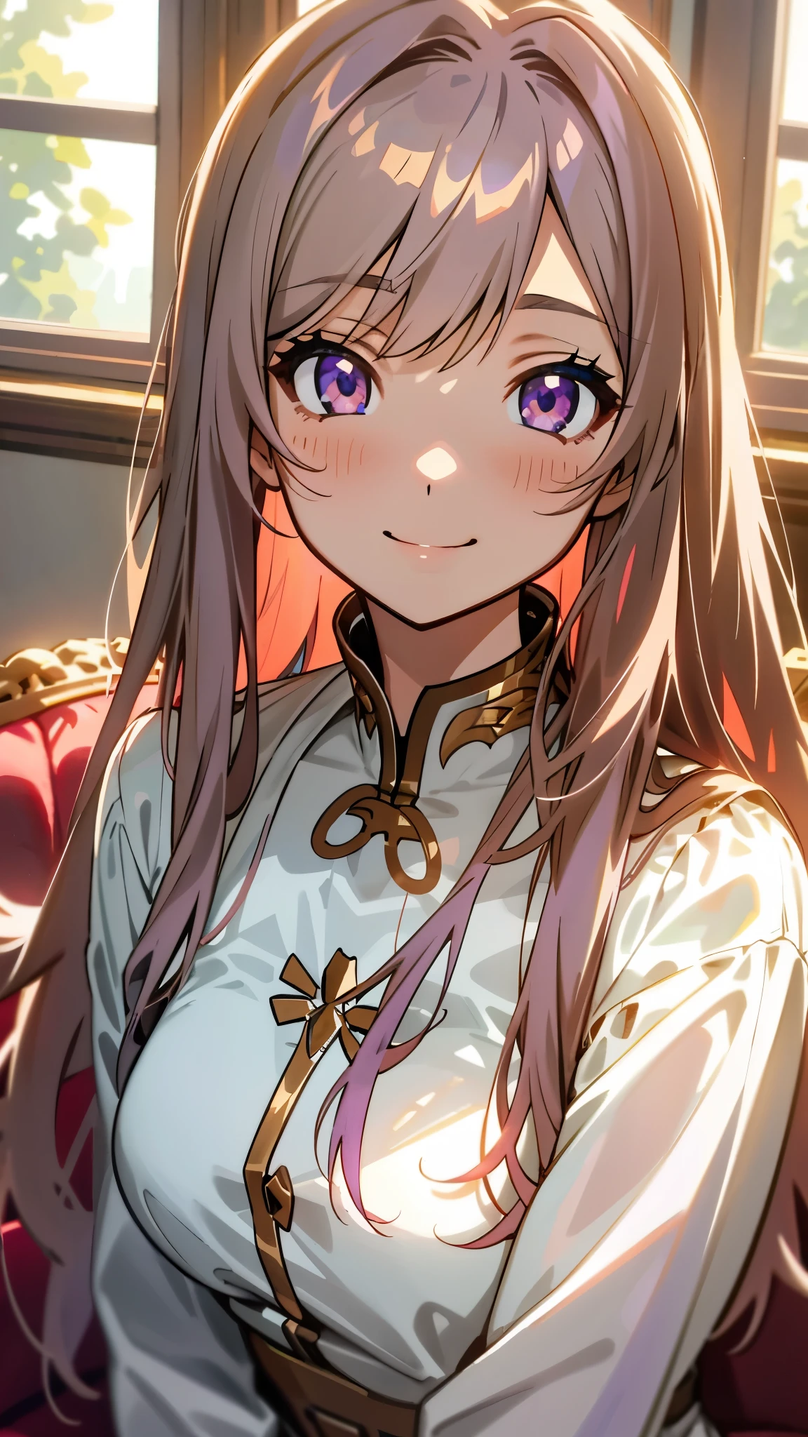 1 girl、Anime Style、美しい light brown hair、beautiful purple beautiful eyes、Long Hair、Transparent Hair、Translucent hair、smile、A strong expression of joy、Upper body close-up、Western-style room、sofa、morning、Lens flare、Shiny, Glowing Skin