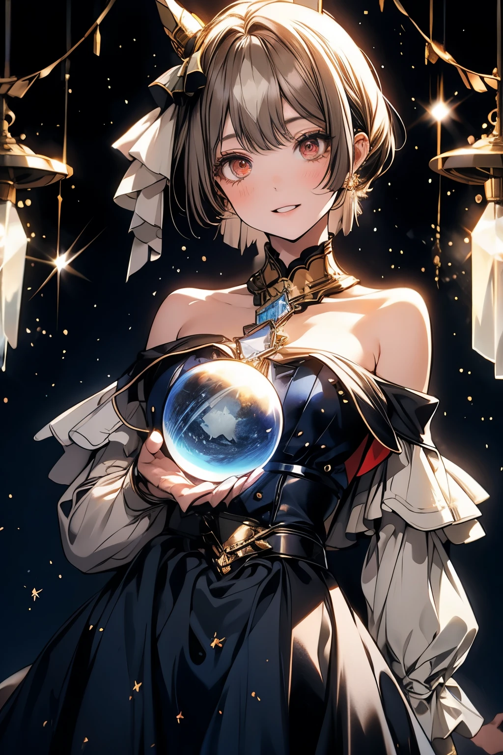 Blue hair girl, Astrologer, Transparent crystal ball, Many stars around, Wear an off-the-shoulder dress, Lots of stars around, Night scene, Starry Sky, multicolored hair, quad drills, short hair, hair bobbles, red hairband, multicolored eyes, open mouth, expressionless, teeth, excited, light smile, tachi-e, vanishing point, modern, UHD, textured skin, highres, high details, masterpiece