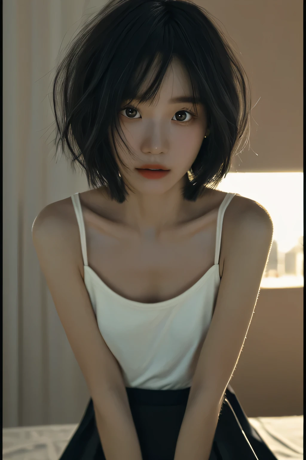 ((best quality，masterpiece:1.3))，sharp:1.2，Perfect body beauty:1.4，((Layered Hairstyle))、(Black long skirt:1.1)，(darkroom:1.2)，Highly detailed face and skin texture，Delicate eyes，(clavicle:1.3)，double eyelids，((short hair))，Childish，beach under sunset，bust，Close-up，45 degree upward shot，