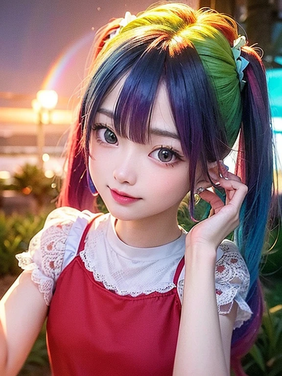 Small face、 )Very detailed,Bright colors, Very beautiful detailed anime faces and eyes, Look straight ahead,  Shiny_skin,girl, (((Rainbow Hair, Colorful Hair, Half blue、half red hair: 1.2))), 、Shiny hair, Delicate beautiful face, blush、Glasses、(Turquoise Eyes), , Valletta, Earrings,、（Flower Garden、Sunset）、((Light red、translucent、Short sleeve、Lace blouse))、（Twin tails）、（smile、Happy Face、face dyed red）、Cheerful pose、dynamic、Upper Body