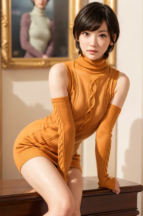 full body, (turtleneck cable knit mini bodycon dress:1.2), wool, 1girl,solo,
(8k, RAW photo, best quality, masterpiece:1.3),(rea...