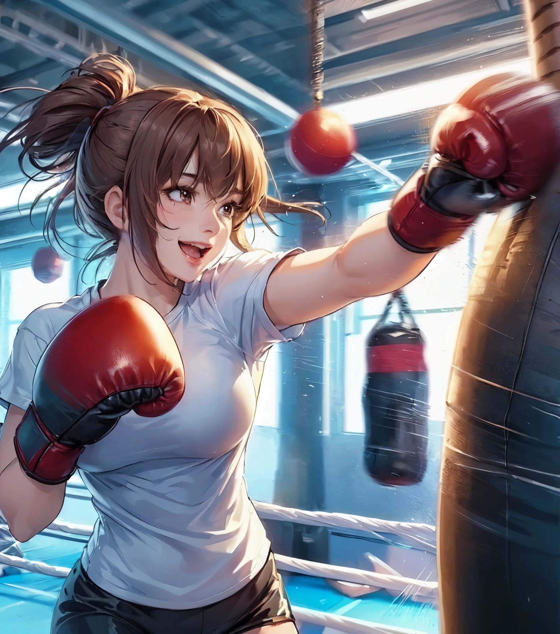 Anime girl in boxing stance with punching bag in gym - SeaArt AI