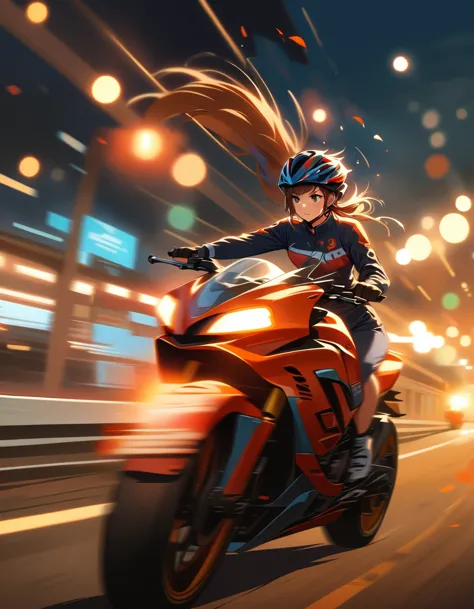 best quality，masterpiece，high resolution，1 girl，bike，whole body，from side，night driving，contest，bold composition，motion blur，det...