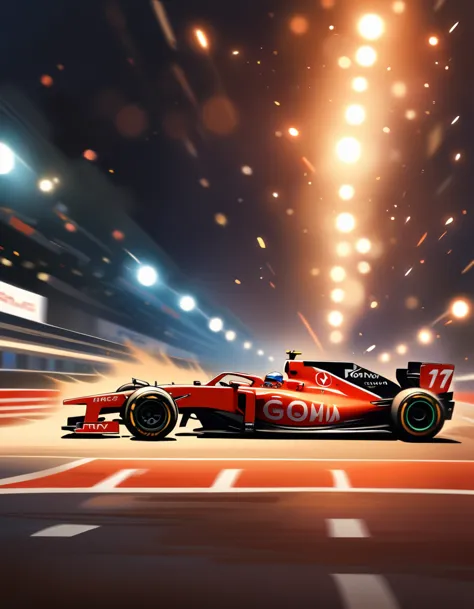 best quality，masterpiece，high resolution，1 girl，F1 Racing，whole body，from side，Night driving，Contest，bold composition，Motion Blu...
