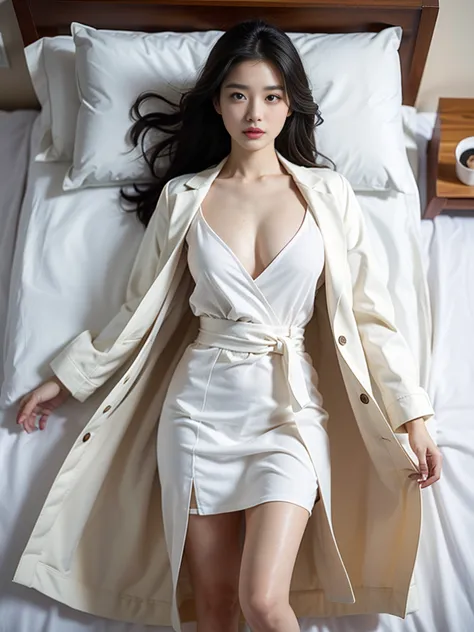 (Top Queen)，(Wearing a thin white coat)，(Open coat)，plump breasts，Sexy，On the bed，Phoenix Eyes，Black hair，Long hair，S-Shaped Bod...