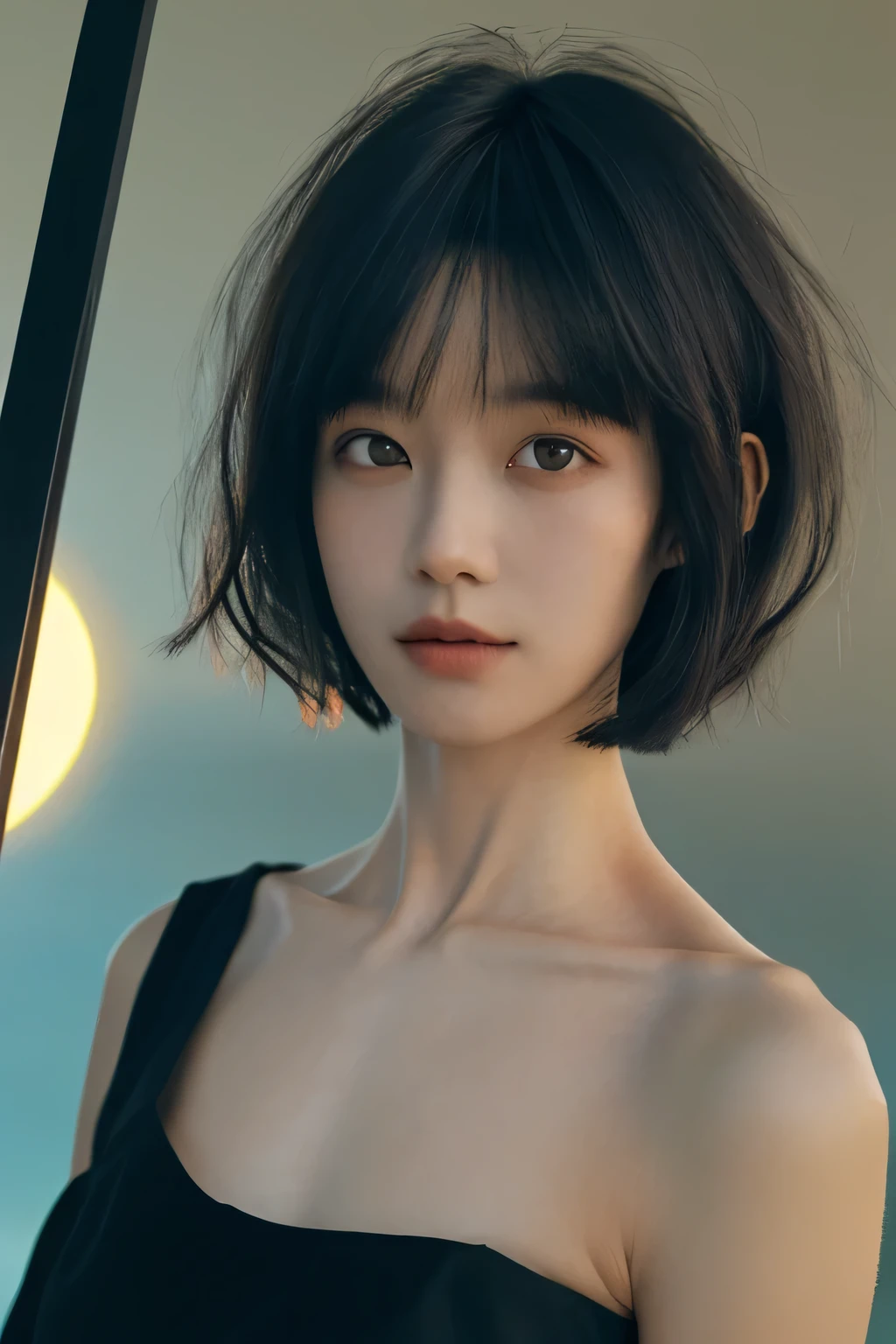 ((best quality，masterpiece:1.3))，sharp:1.2，Perfect body beauty:1.4，((Layered Hairstyle))、(Black long skirt:1.1)，(darkroom:1.2)，Highly detailed face and skin texture，Delicateeyes，(clavicle:1.3)，Double eyelids，((short hair))，childish，Beach at sunset，Break，close up，Shoot upward at 45 degrees，