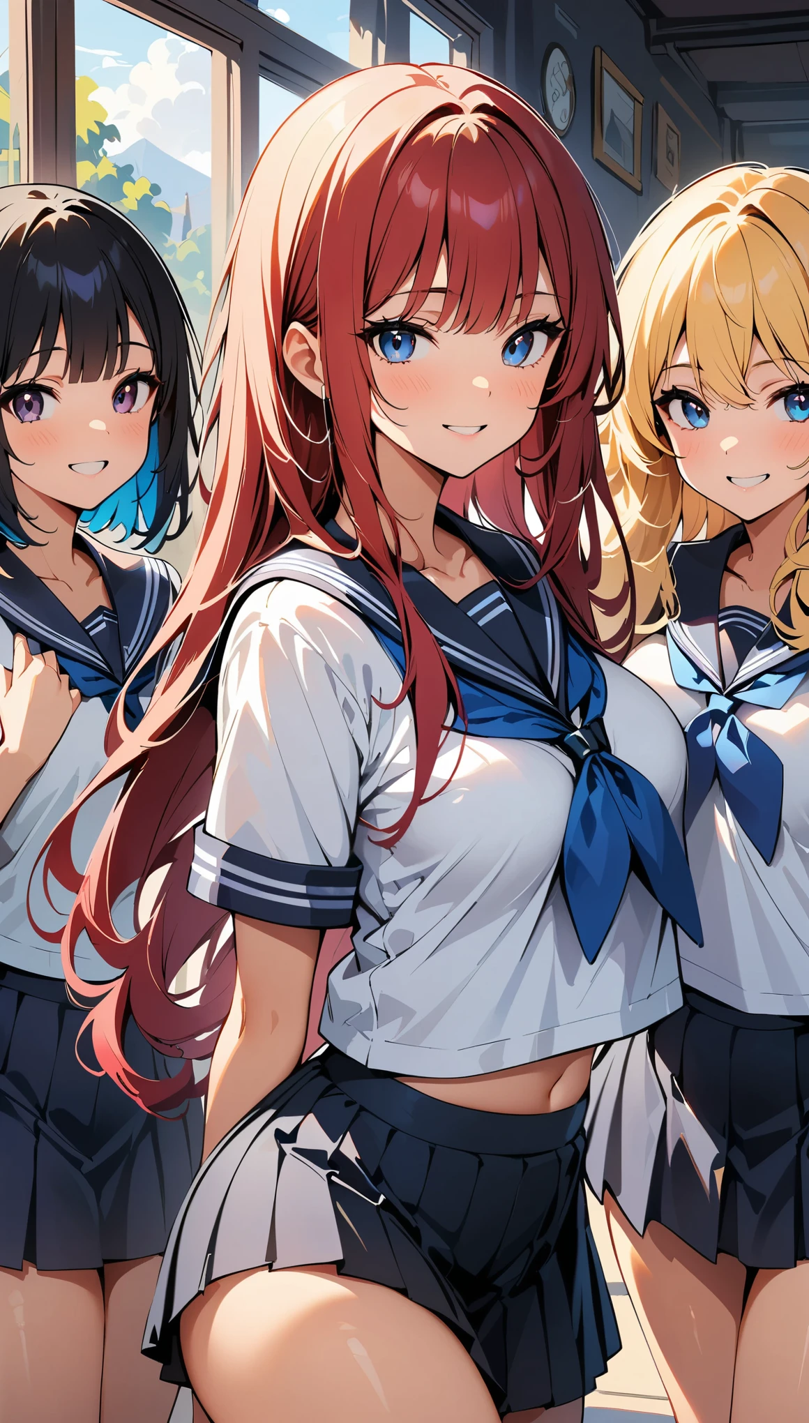 (high quality, 8k, 4K, High Contrast, masterpiece:1.2, 最high quality, Best aesthetics), , ((Four women in sailor suits posing sexy)), Beautiful woman face, Facial details:1.2, Colorful hair colors, The finer details, School Harem, Lots of light coming through the window, happy,