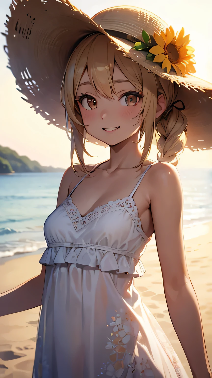 (Best quality, dynamic lighting, highly detailed, HDR) blonde haired young woman, twintailed, cute, pretty, beautiful, brown eyes, skinny, , short, small breasts, white floral summer dress, summer hat, bare shoulder, cleavage, sleeveless, smiling, beach background.