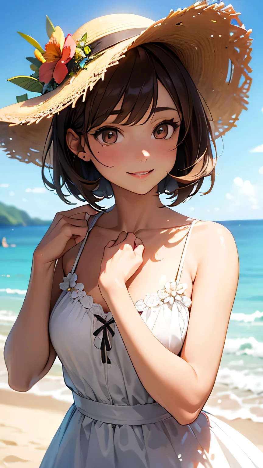 (Best quality, dynamic lighting, highly detailed, HDR) Brown haired young woman, mature, beautiful, bob hair, brown eyes, slim, medium-small breasts, white floral summer dress, summer hat, bare shoulder, cleavage, sleeveless, smiling, beach background.