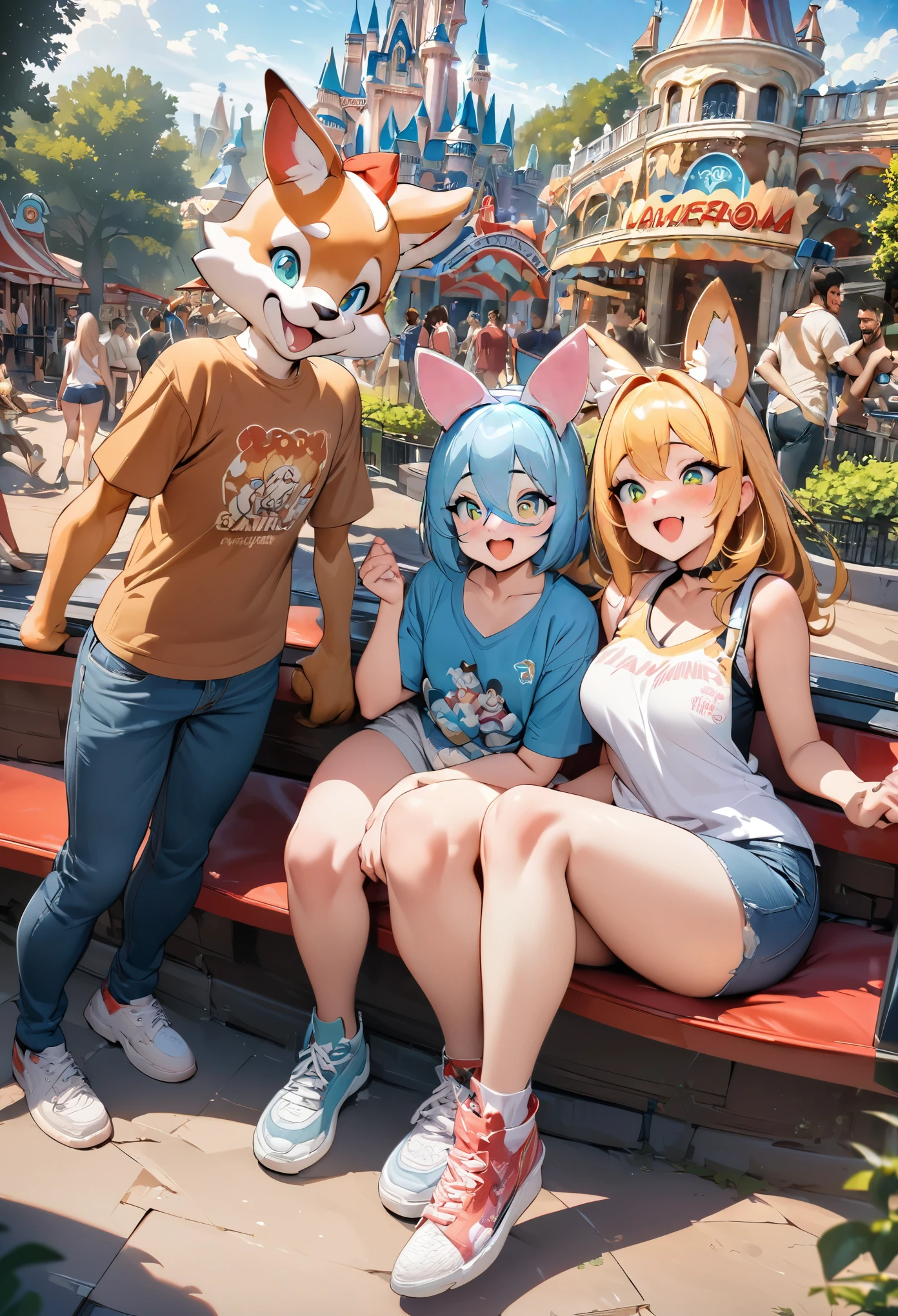 cover page, highres, top quality, best quality, paid reward available, unparalleled masterpiece, perfect artwork, absurdres, High-quality illustrations, An amusement park, Disneyland, 3+boys, 3+girls, Happy, joyful, absurdres, perfect anatomy(Photos taken with friends)(kemono, furry anthro),