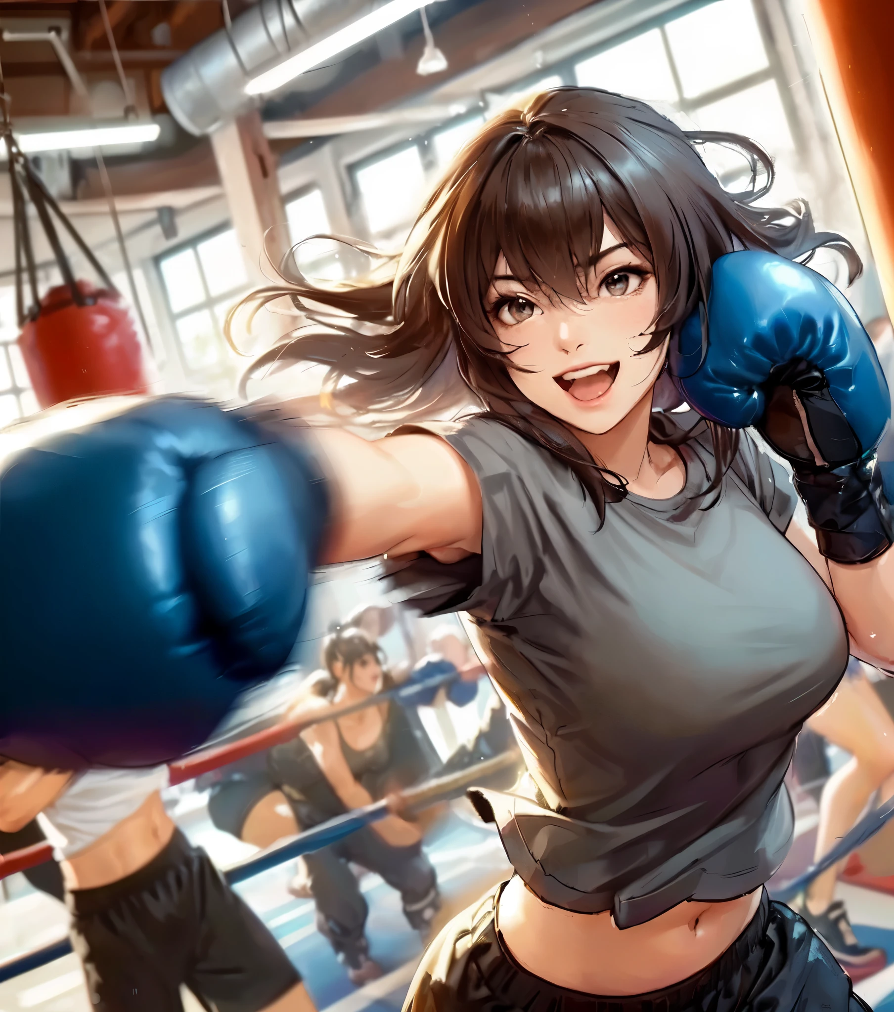 1lady solo standing, (sparring with sandbag), (dynamic posing), (stylish boxing outfit), (T-shirt) (sporty shorts), mature female, /(dark brown hair/) bangs (messy hair), light smile, open mouth, (teeth:0.8), (masterpiece best quality:1.2) delicate illustration ultra-detailed, large breasts BREAK (wearing glove), (motion blur:1.2), (blurred glove:1.2) BREAK (boxing gym) indoors, (sandbag hanging from ceiling), noon, detailed background