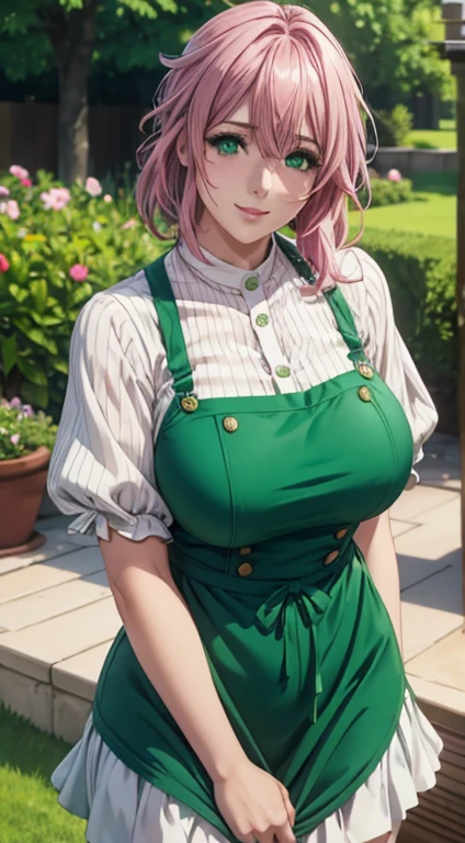 Cute girl, big breasts , green colour clothes, white apron, green eyes and pink hair, short skirt, ultra realistic eyes , sunlight and garden background, bright purple eyes, ultra realistic detailed eyes, innocent eyes, looking at camera, beautiful smile, beautiful face,pink colour hair