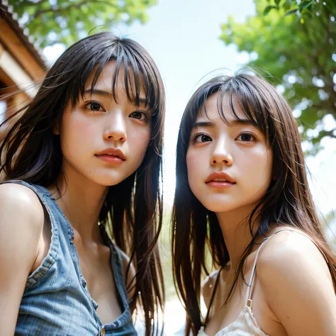 identical twin sisters、(highest quality, High resolution, masterpiece, realistic:1.2),(HDR, Bright colors),2 girls, Japanese, no...