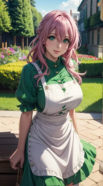 cute girl, big breasts , long open hair, green colour clothes, white apron, green eyes and pink hair, short skirt, ultra realist...